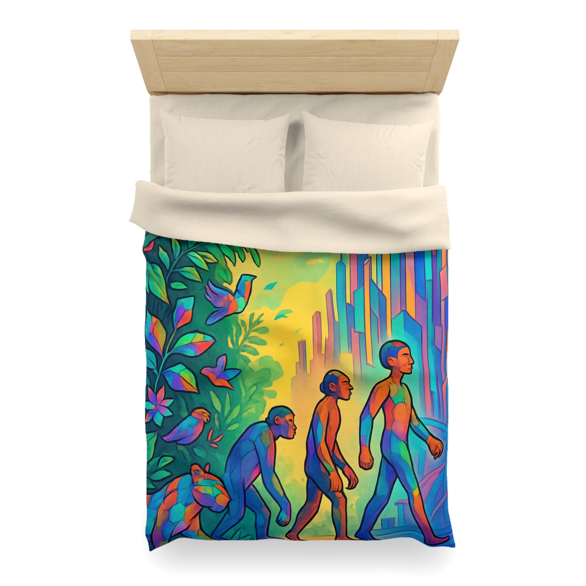 Housse de couette vibrante d'évolution humaine sur fond de jungle et de gratte-ciel