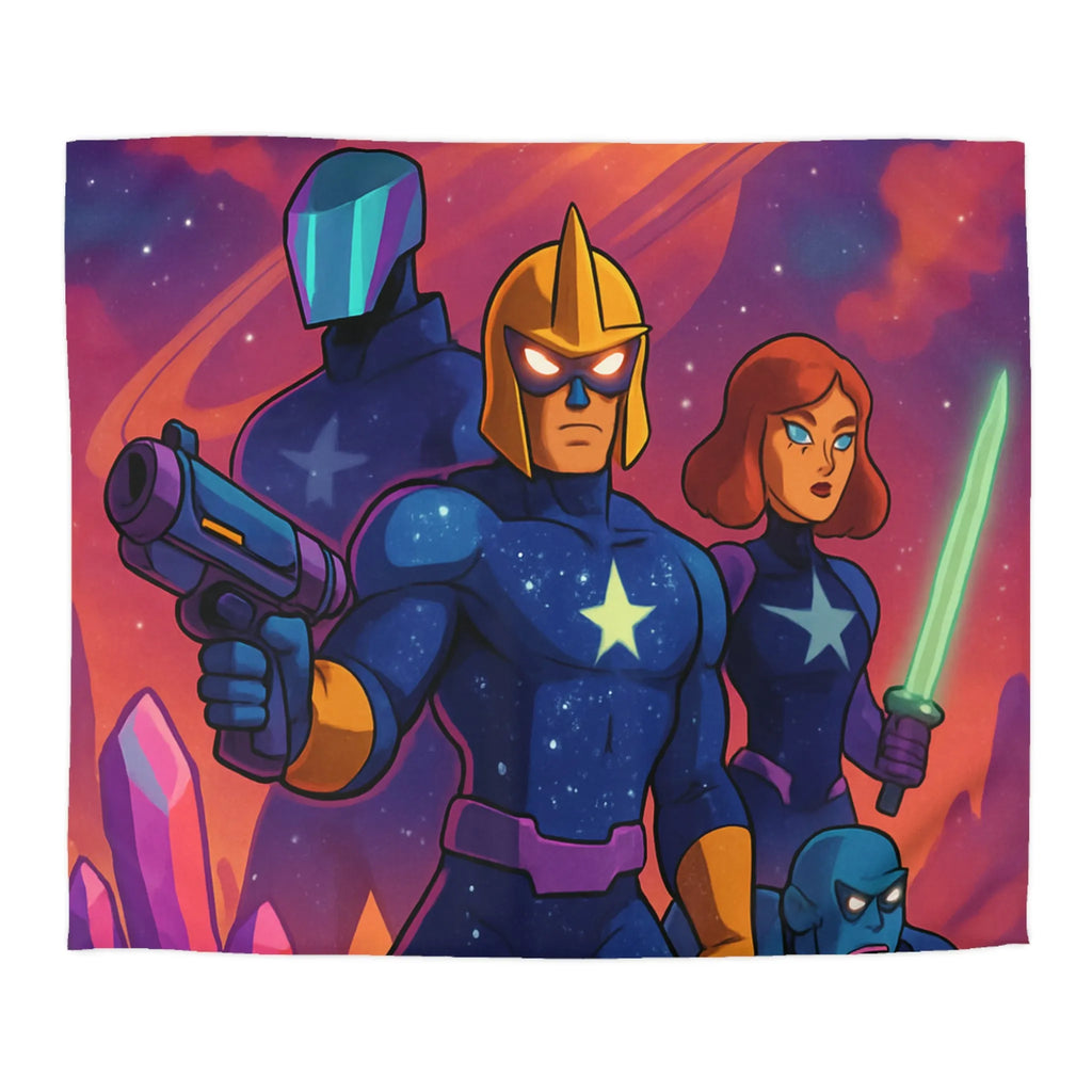 Équipe de héros galactiques armés dans une scène spatiale vibrante avec cristaux