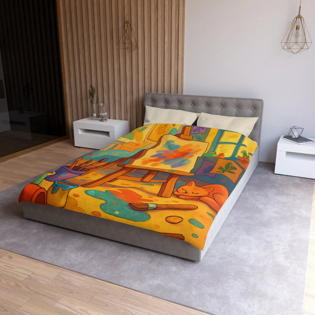 Housse de couette artistique colorée avec chevalet et chat pour une chambre cosy