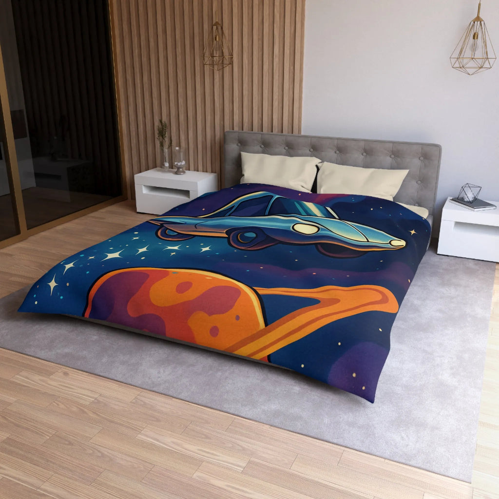 Housse de Couette Artistique Spatiale avec Voiture Volante et Planète Saturne Colorée