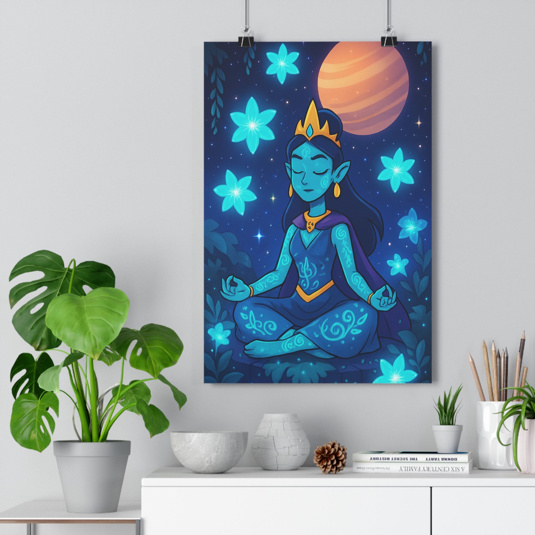 Poster décoratif méditatif elfique bleu vert pastel sérénité magique étoilé chambre salon 30x46 cm