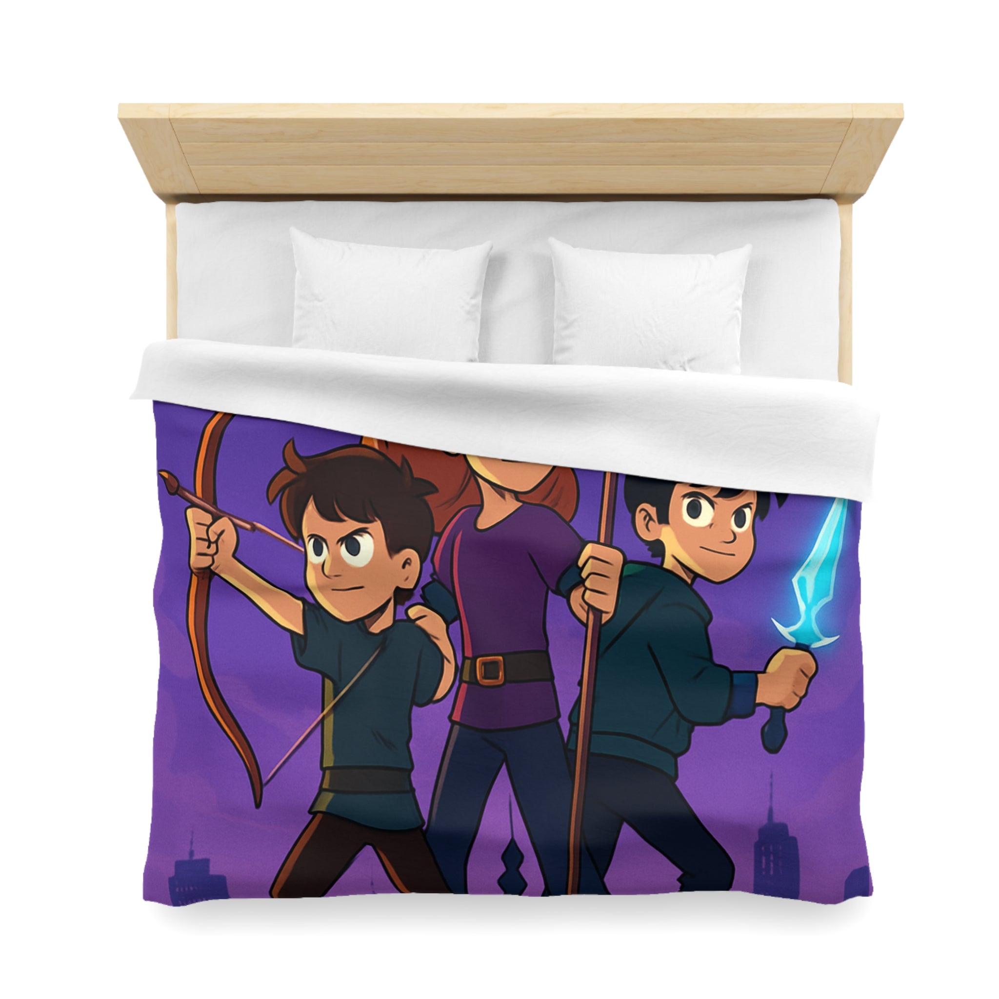 Housse de couette urbaine illustrée, ambiance aventure mystique avec enfants et armes