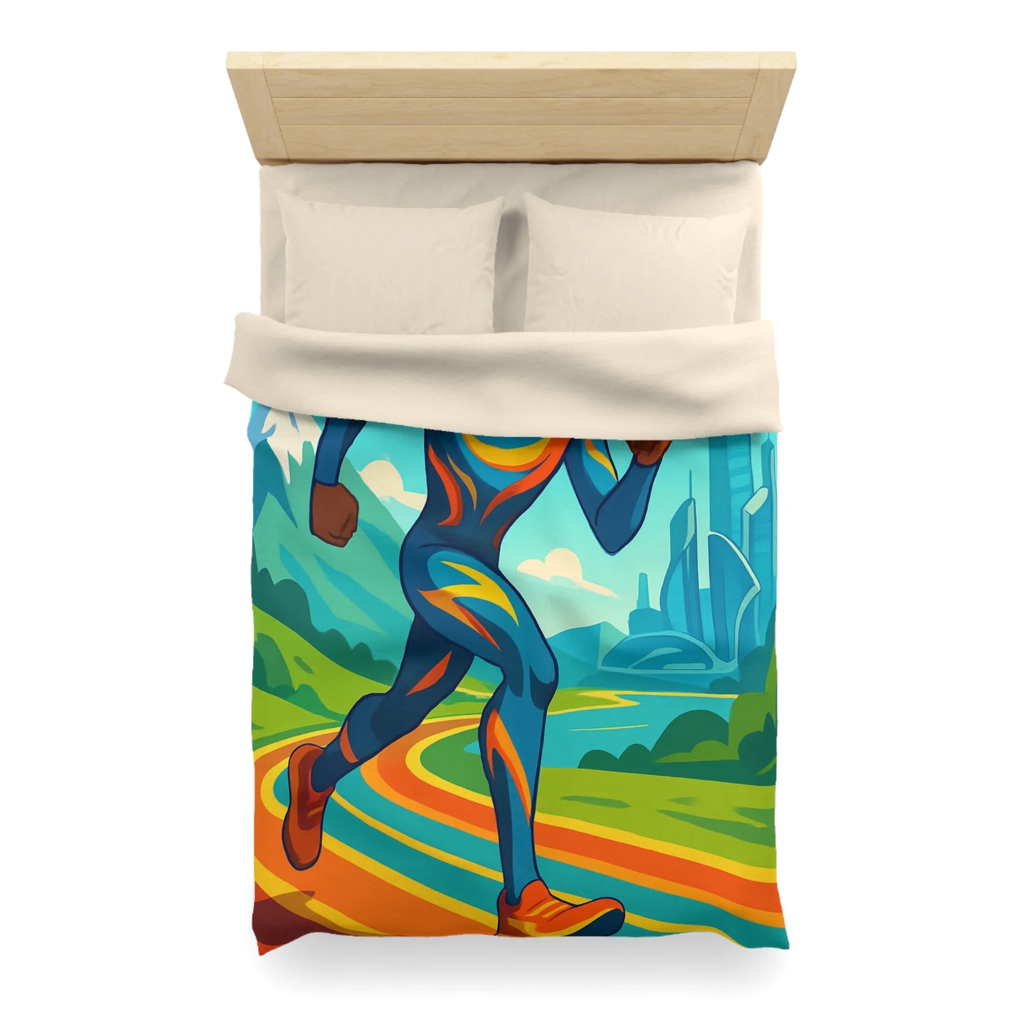 Housse de couette colorée pour chambre futuriste avec coureur et drones volants