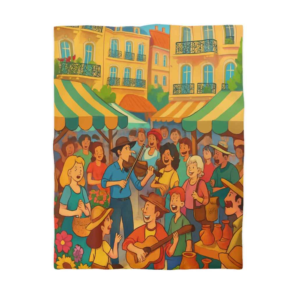 Housse de couette colorée avec scène de marché animé et ambiance joyeuse en plein air