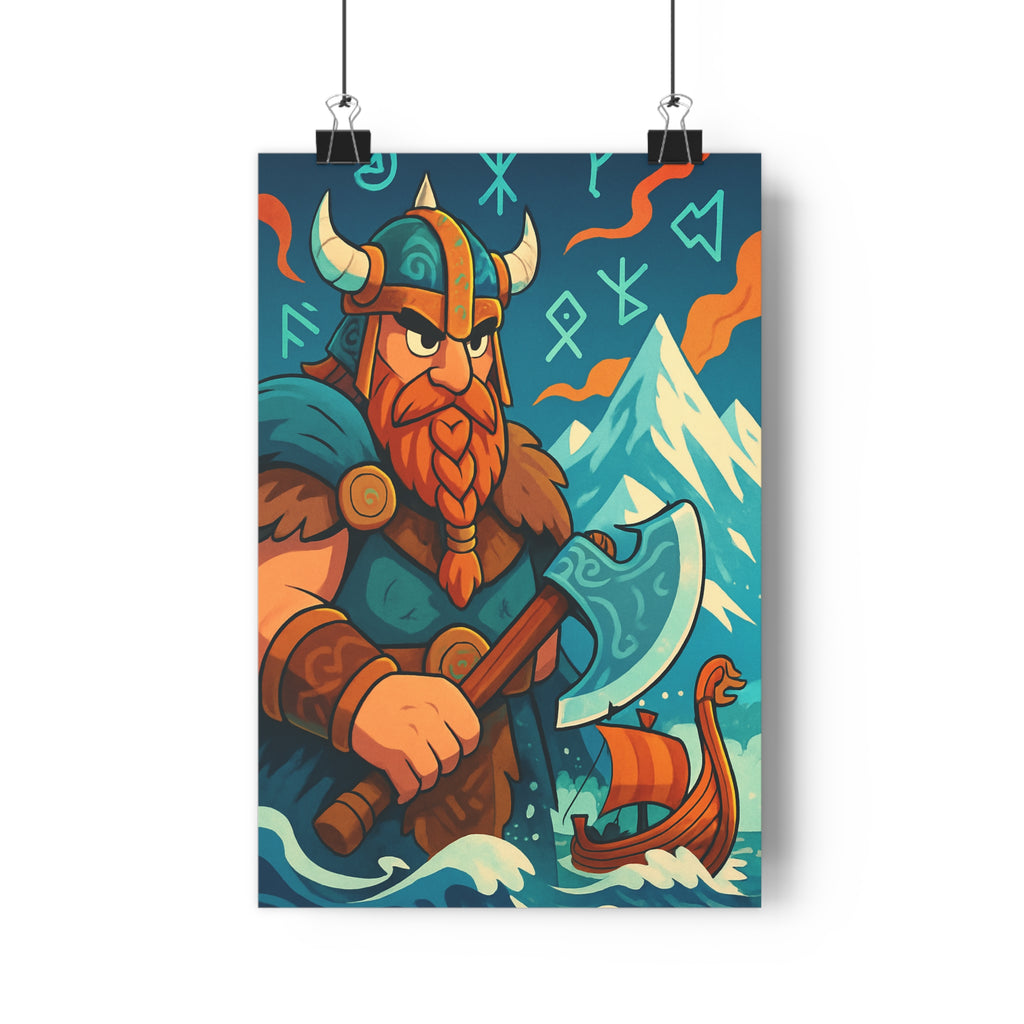 Poster décoratif épique guerrier nordique dessin animé runes drakkar montagne mer chambre salon qualité