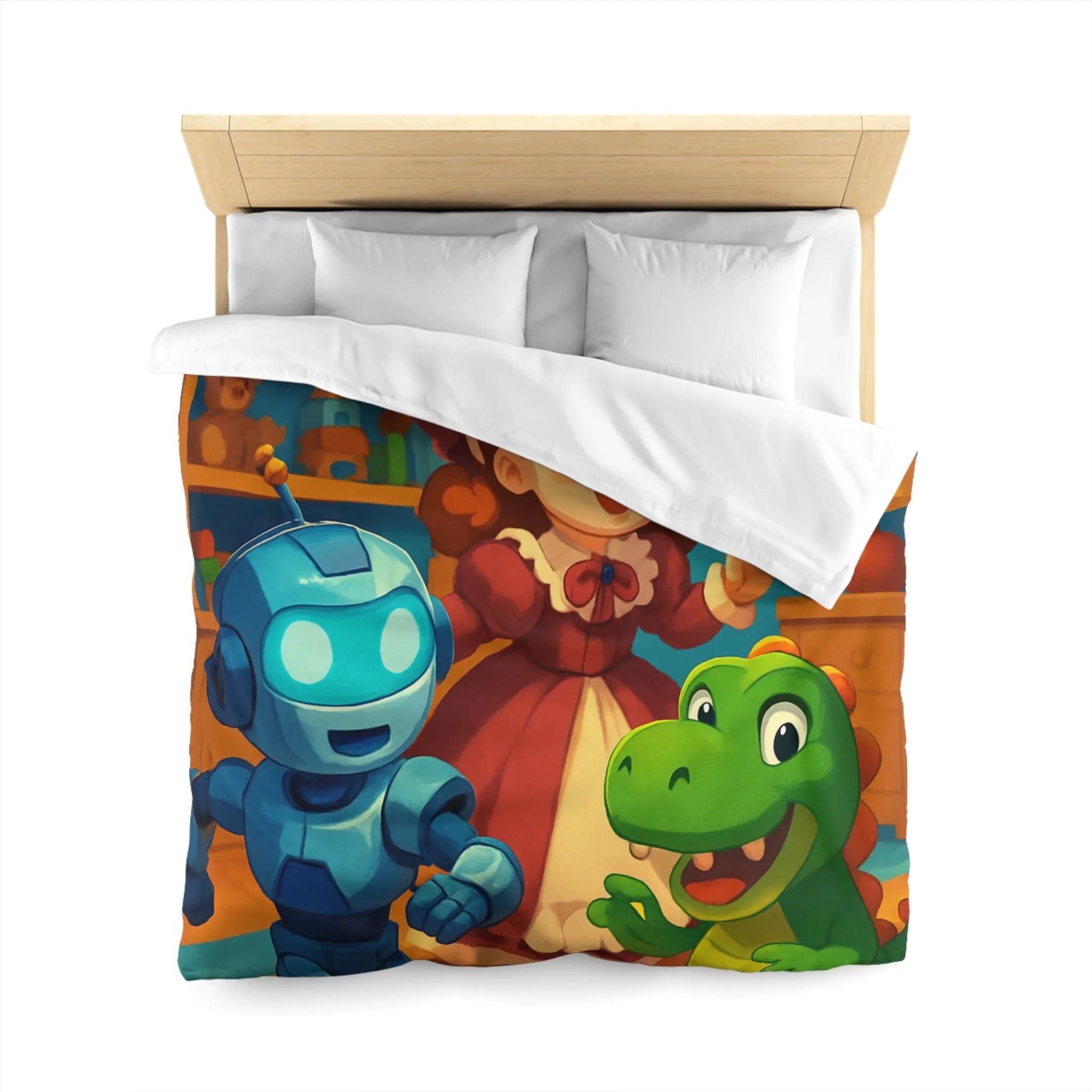 Housse de couette colorée avec robot, dinosaure et poupée en chambre enfantine