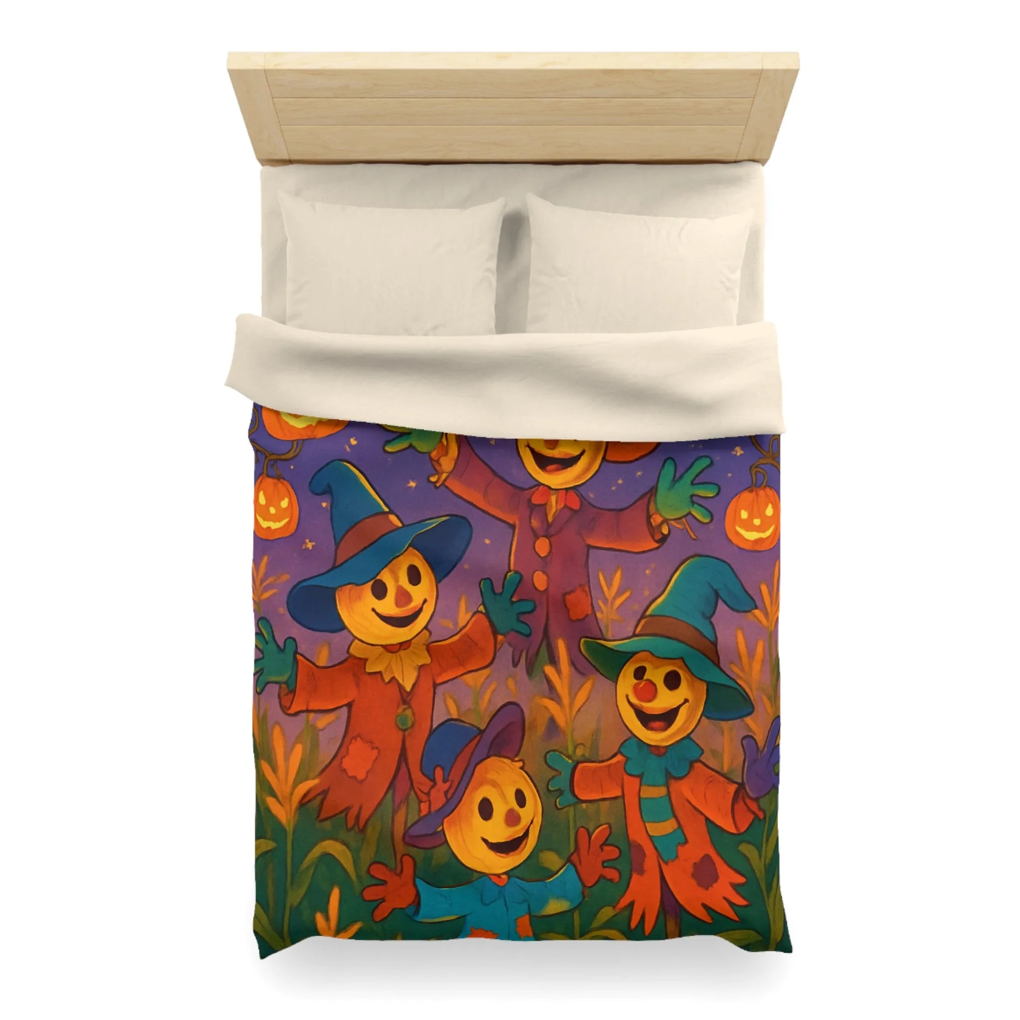 Housse de couette joyeux épouvantails et citrouilles lumineuses pour ambiance festive et colorée