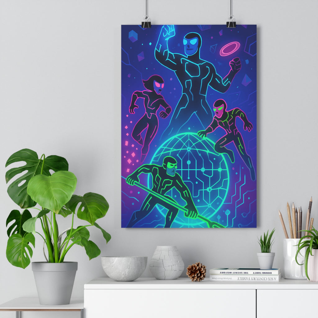 Poster décoratif futuriste néon bleu rose vert héros stylisés chambre fan moderne 30x46 cm