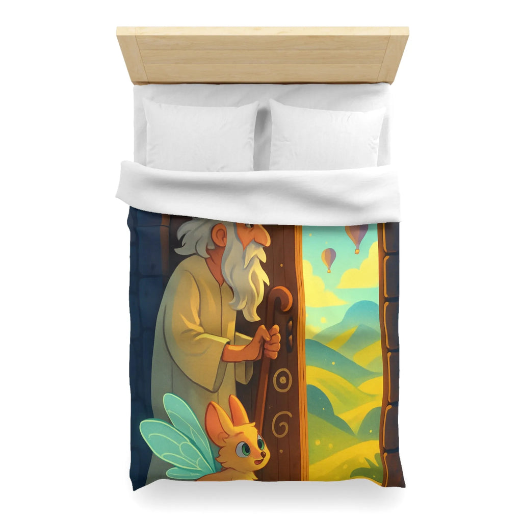 Housse de Couette Fantastique avec Ancien Sage et Paysage Magique Étoilé Soufflant