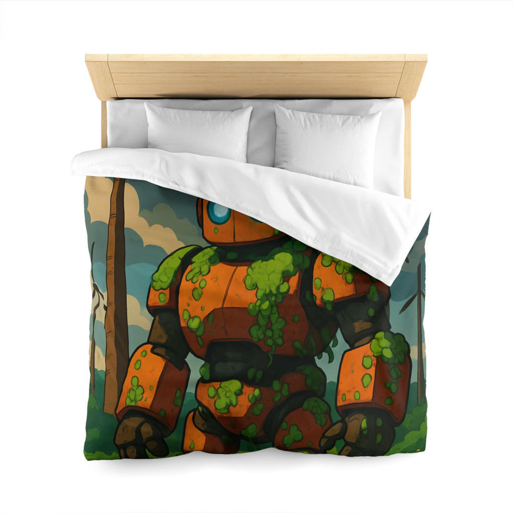 Housse de couette robot et éoliennes, motif nature et technologie, ambiance verte apaisante