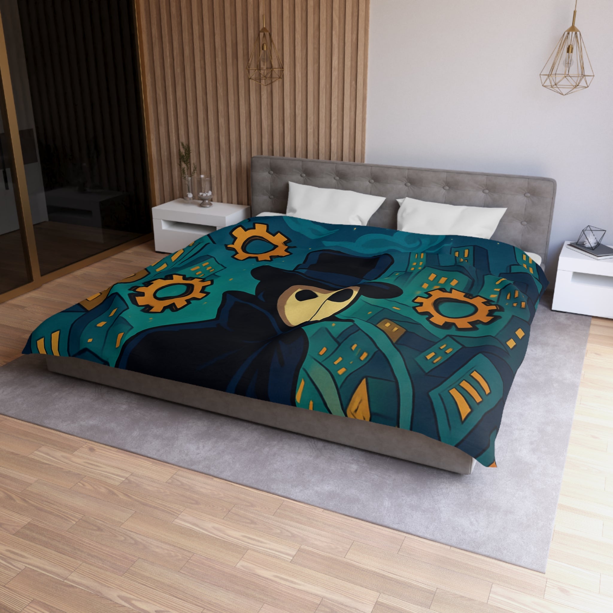 Housse de couette mystérieuse avec personnage masqué, engrenages dorés et ville nocturne