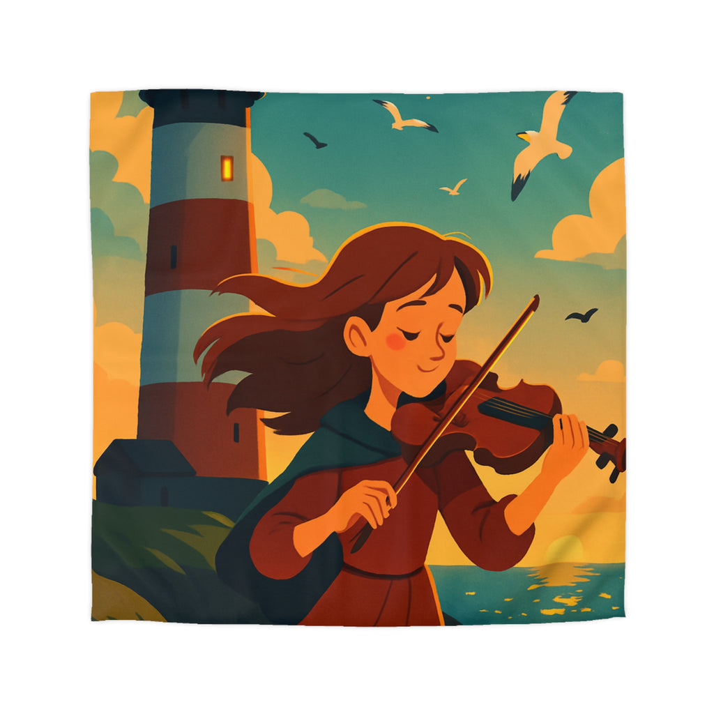 Housse de Couette Unique avec Fille Jouant du Violon Devant un Phare au Crépuscule