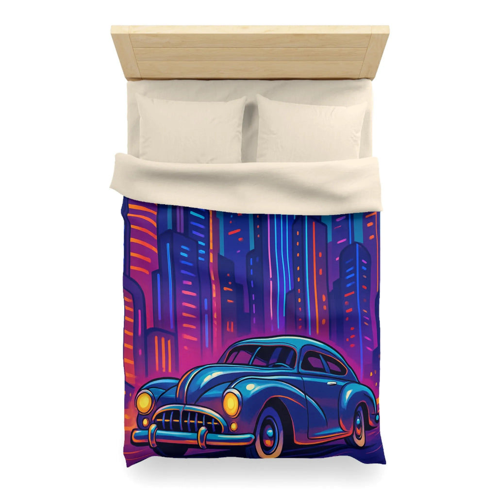 Housse de Couette Futuriste avec Voiture Vintage et Ville Lumineuse Style Néon