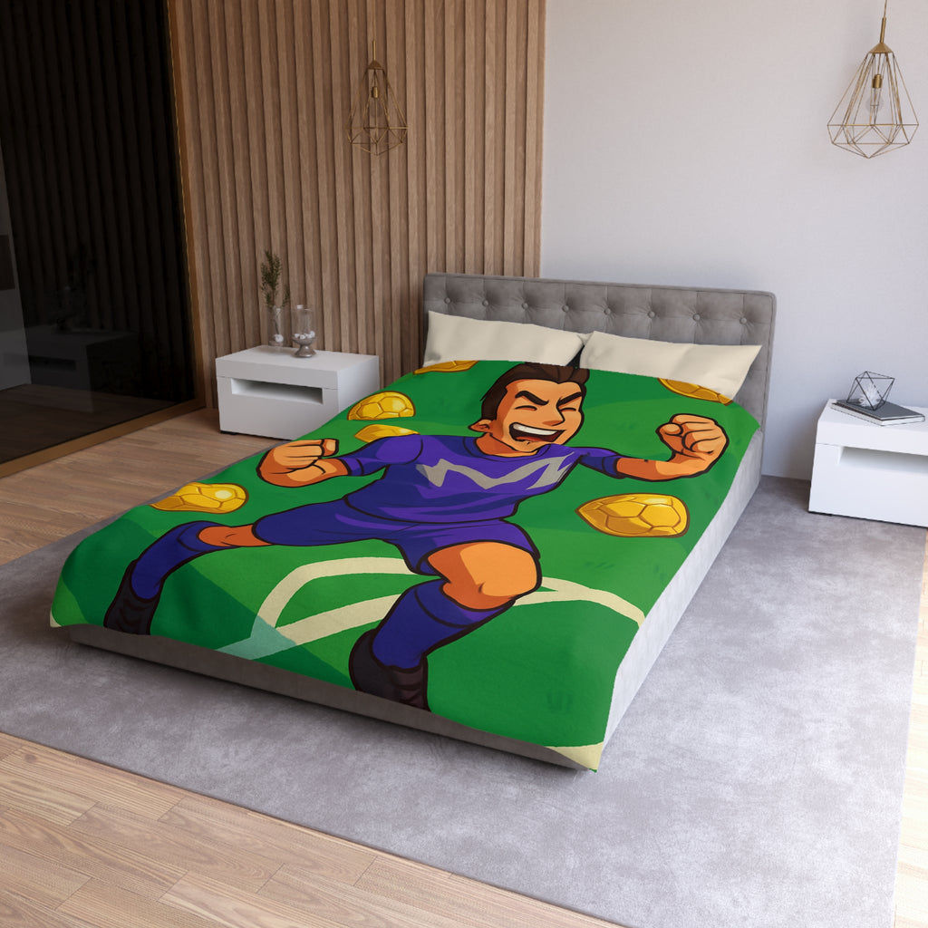Housse de couette vibrant joueur de foot en célébration avec ballons dorés énergiques