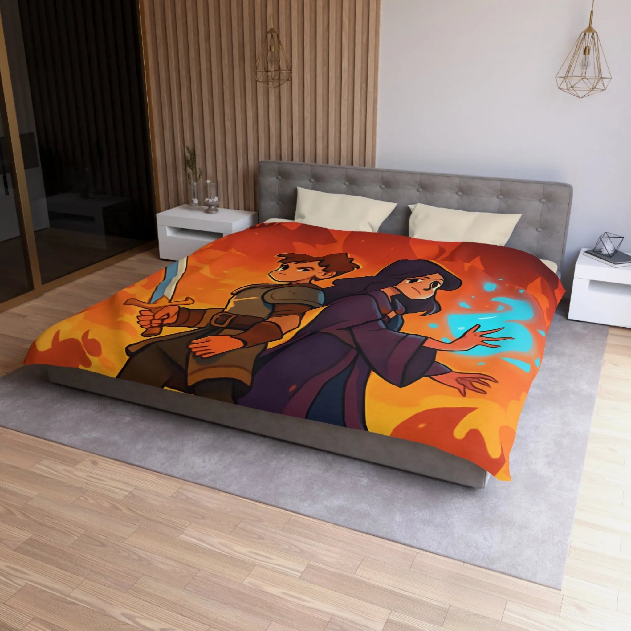 Housse de couette épique, jeunes aventuriers et dragons incandescents en fantaisie captivante