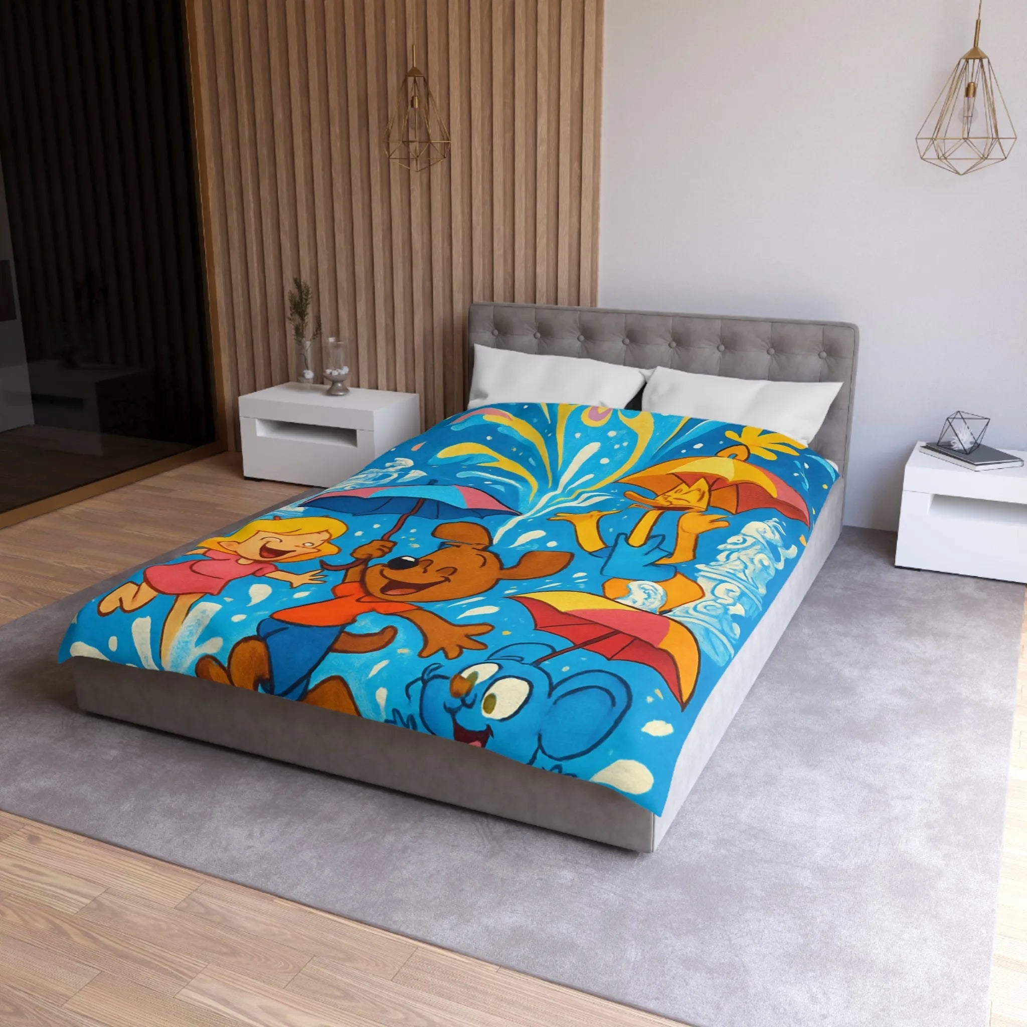 Housse de couette joyeuse avec animaux et enfants sous feux d'artifice colorés