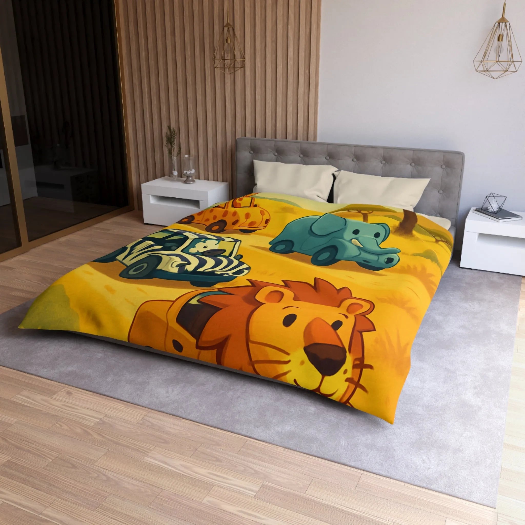 Housse de couette animaux safari mignons pour chambre enfant avec voitures colorées