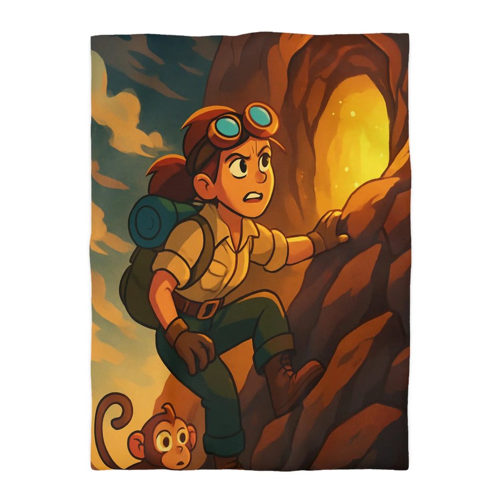 Housse de couette aventure colorée avec jeune explorateur et singe devant grotte lumineuse