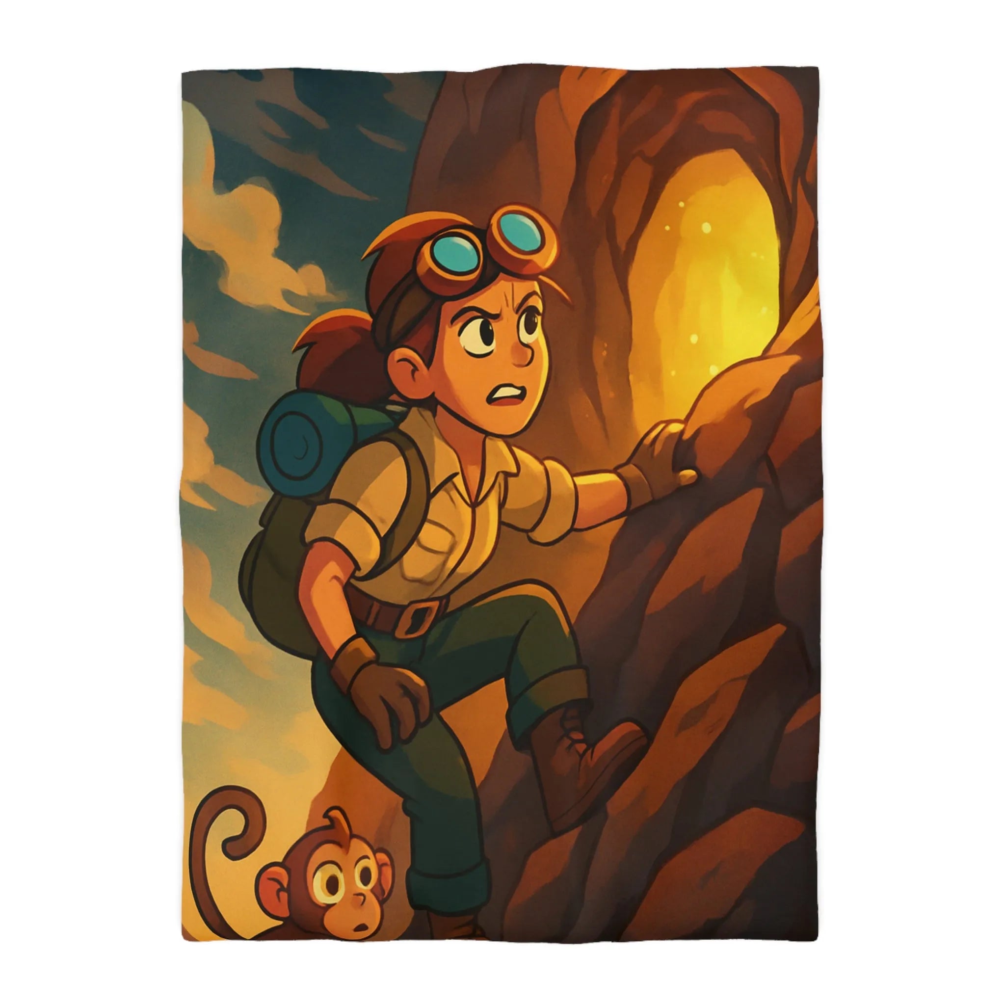 Housse de couette aventure colorée avec jeune explorateur et singe devant grotte lumineuse