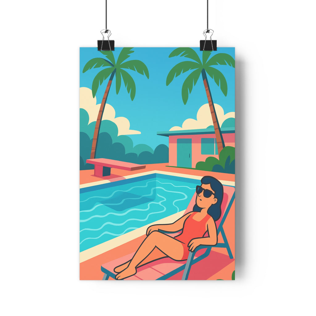 Poster décoratif piscine pop art coloré moderne estival salon relaxant vibrant transat lunettes baignade