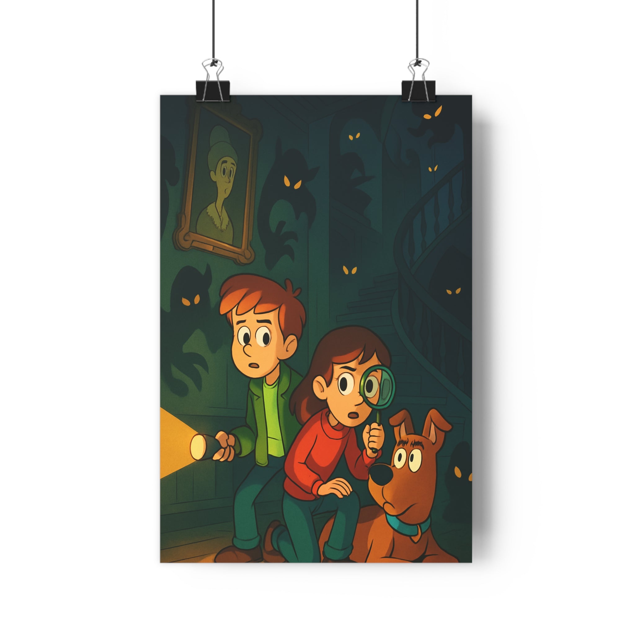 Poster décoratif dessin animé sombre mystérieux manoir chambre enfant aventure exploration intrigue lampe torche