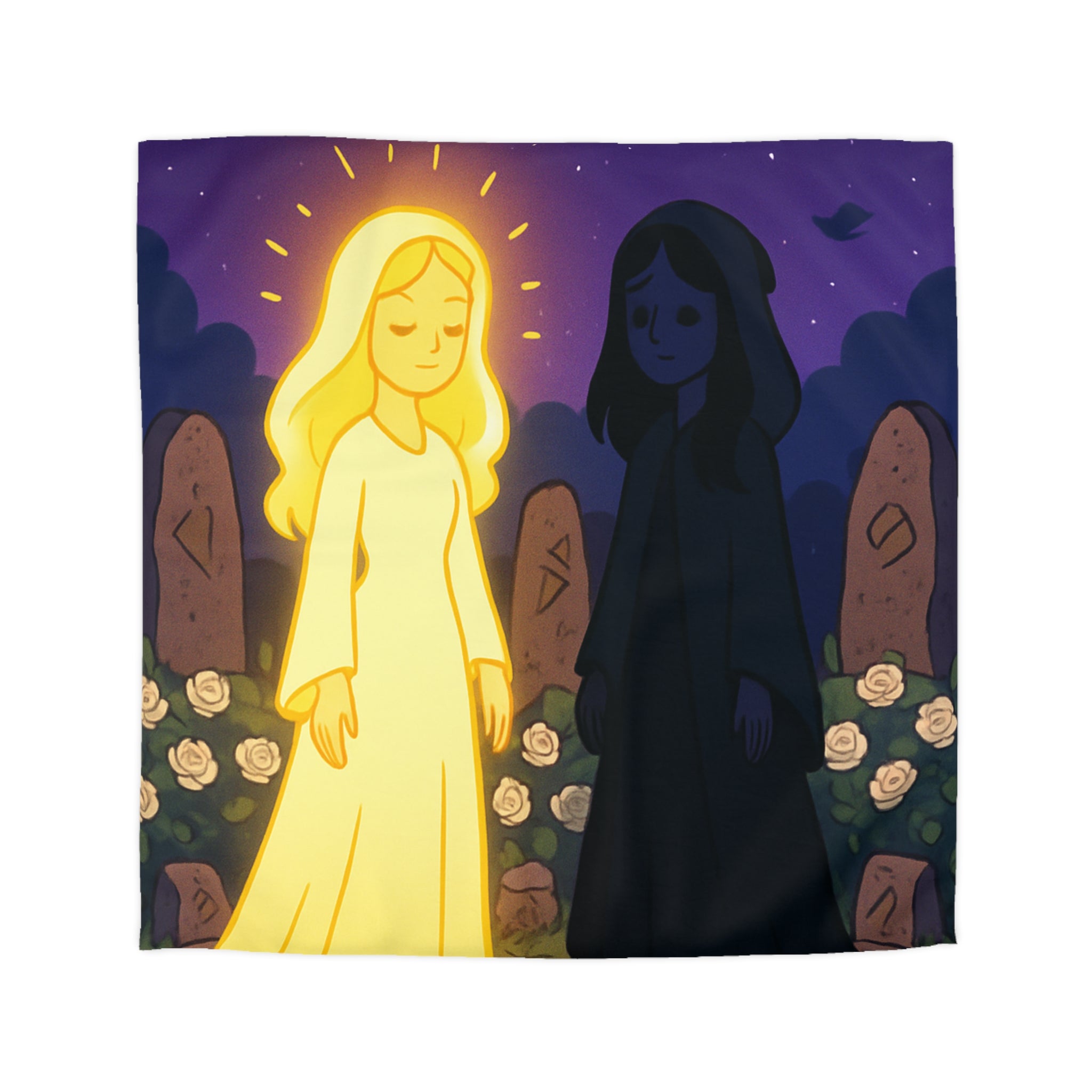 Housse de couette réversible avec deux figures mystérieuses en contraste lumineux, nature étoilée