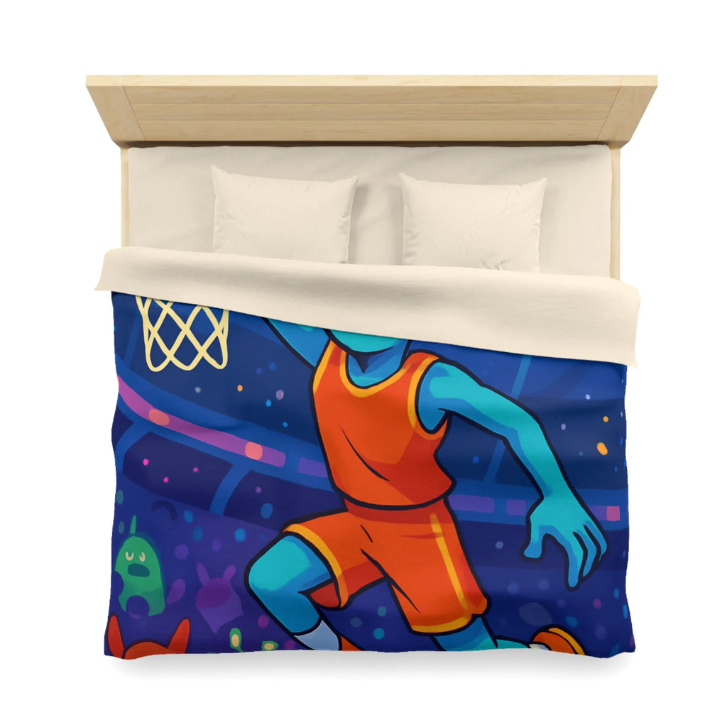 Housse de couette extraterrestre avec joueur de basket sous ciel planétaire coloré et vibrant