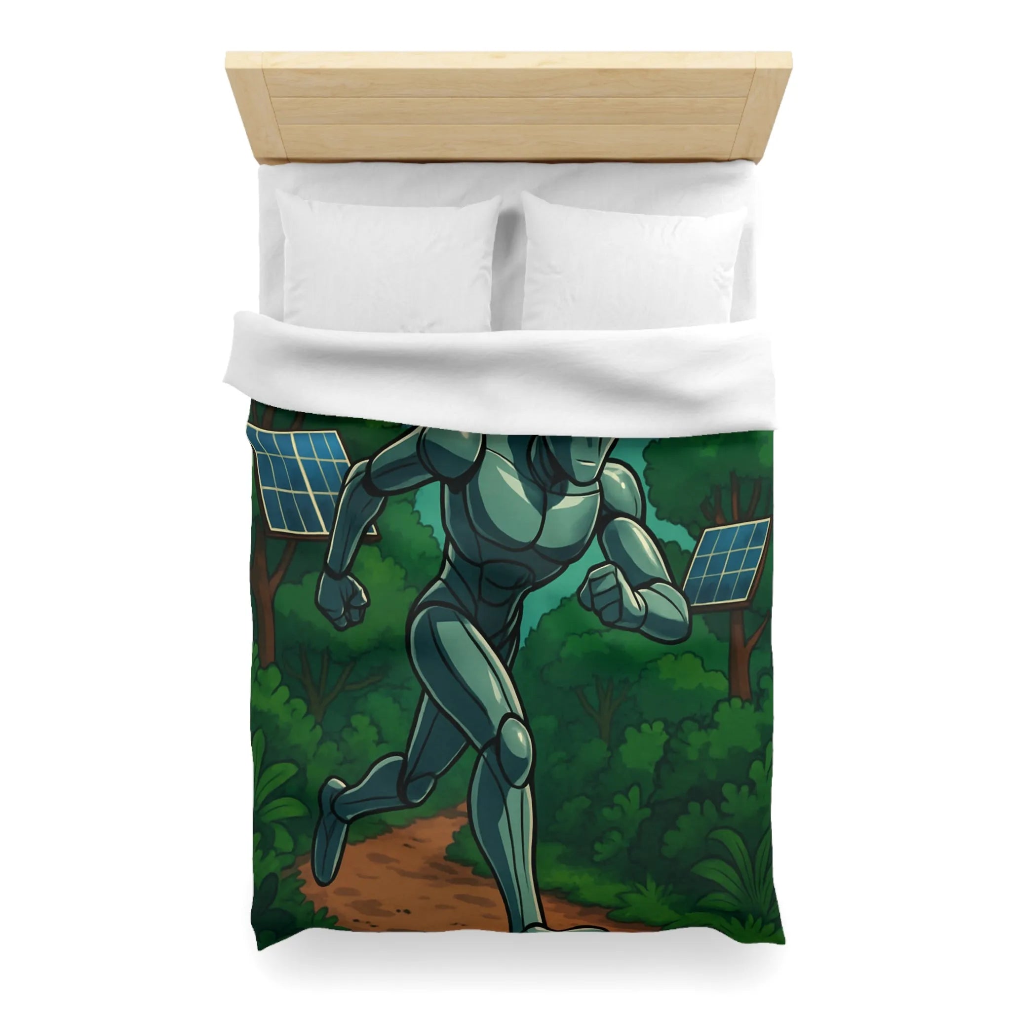 Housse de couette avec robot futuriste courant dans une jungle électrifiée et orageuse