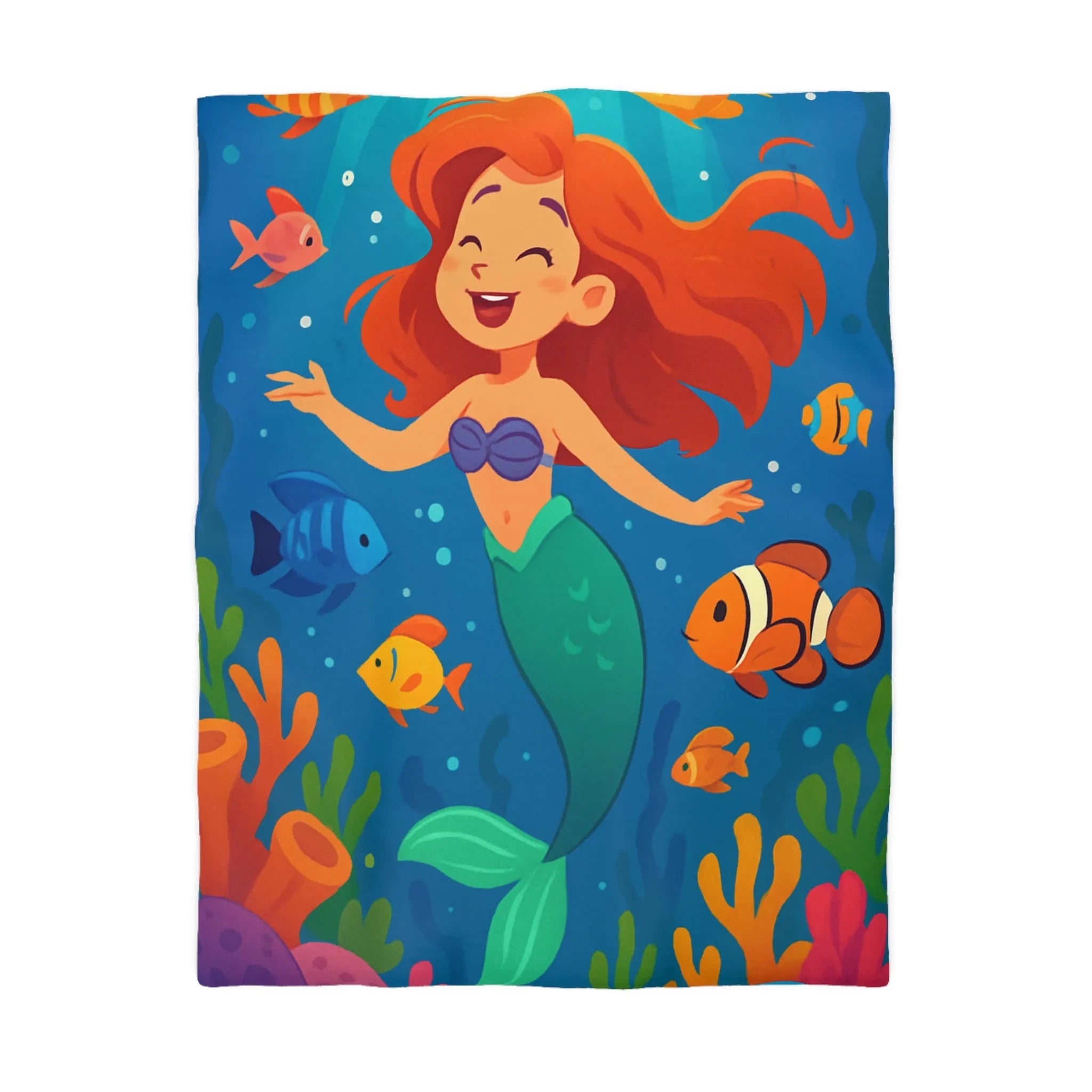 Housse de couette colorée avec sirène joyeuse et poissons dans un océan magique