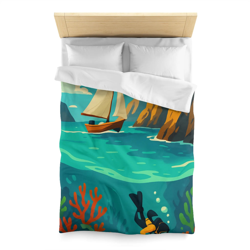 Housse de couette maritime avec plongée, voilier, falaises et récifs colorés