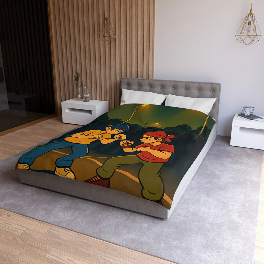 Housse de couette avec illustration urbaine de deux boxeurs sous lampadaires la nuit