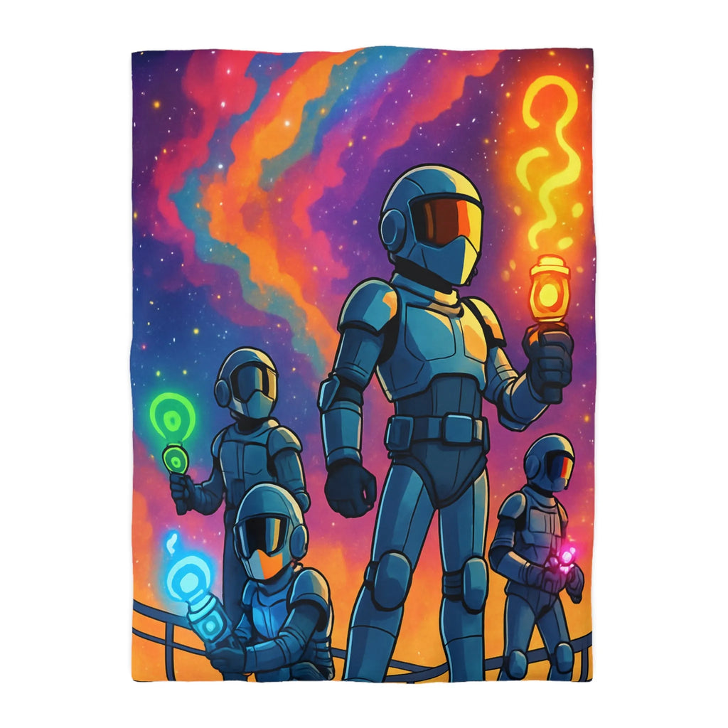 Housse de couette futuriste colorée avec quatre astronautes sous galaxie vibrante et étoilée