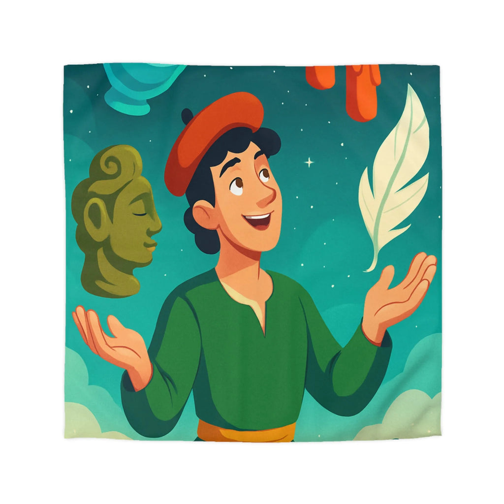 Housse de couette artistique avec personnage joyeux, nature et éléments magiques colorés