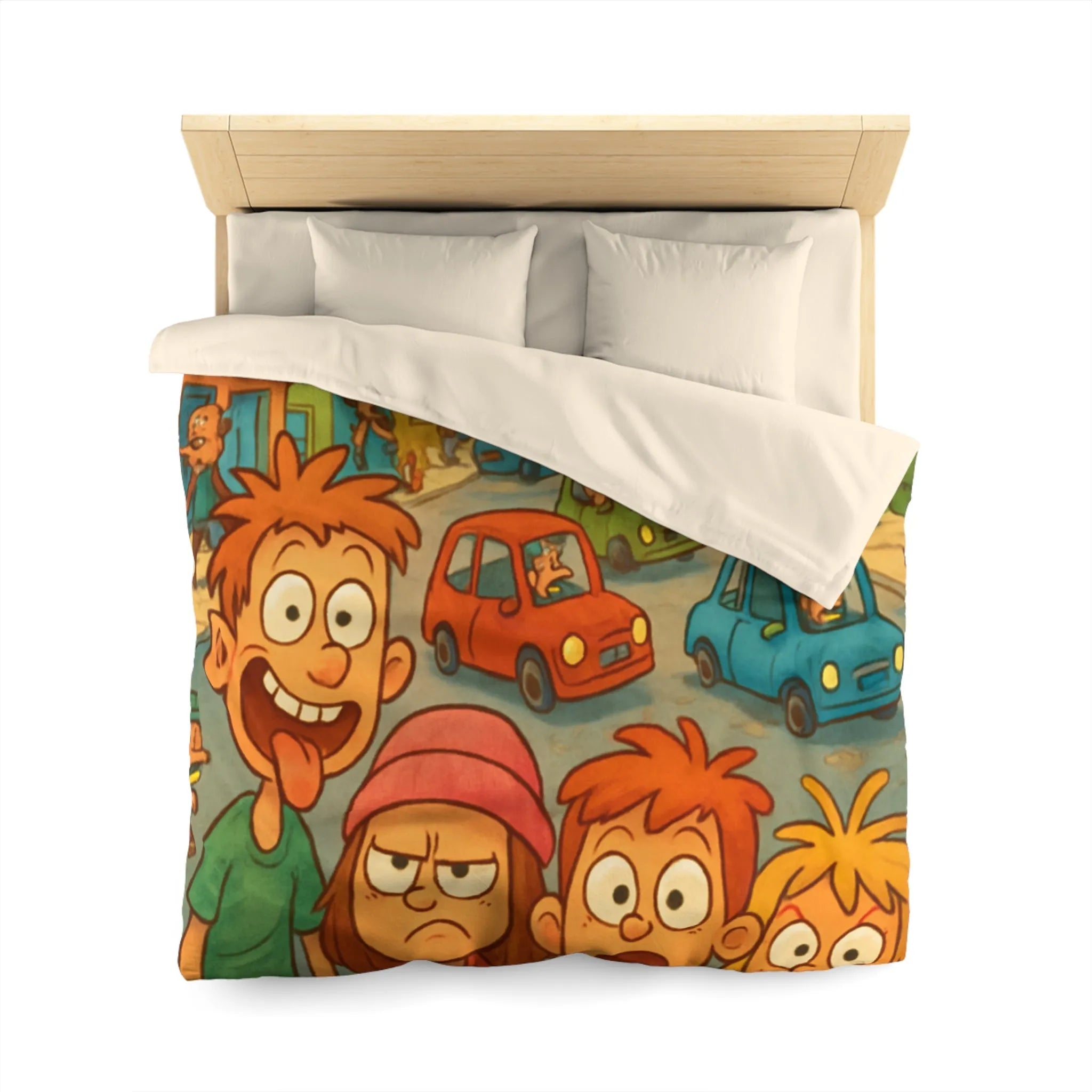 Housse de couette enfants joyeuse ville animée avec personnages colorés et expressions vives