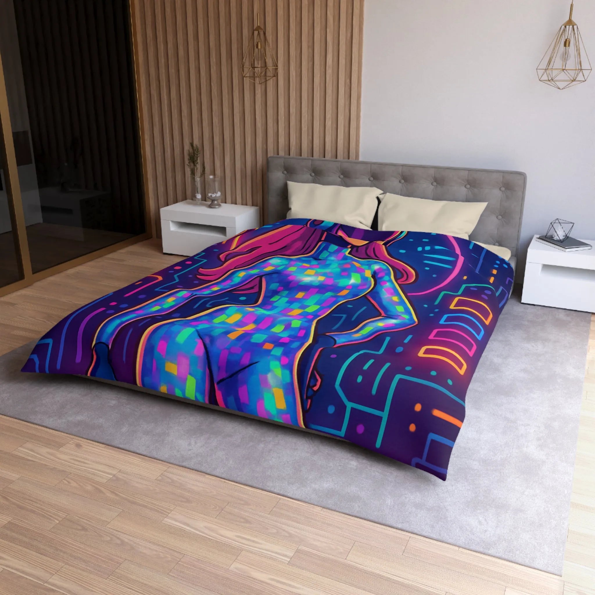 Housse de couette futuriste néon avec motif de femme cyborg colorée et lumineuse