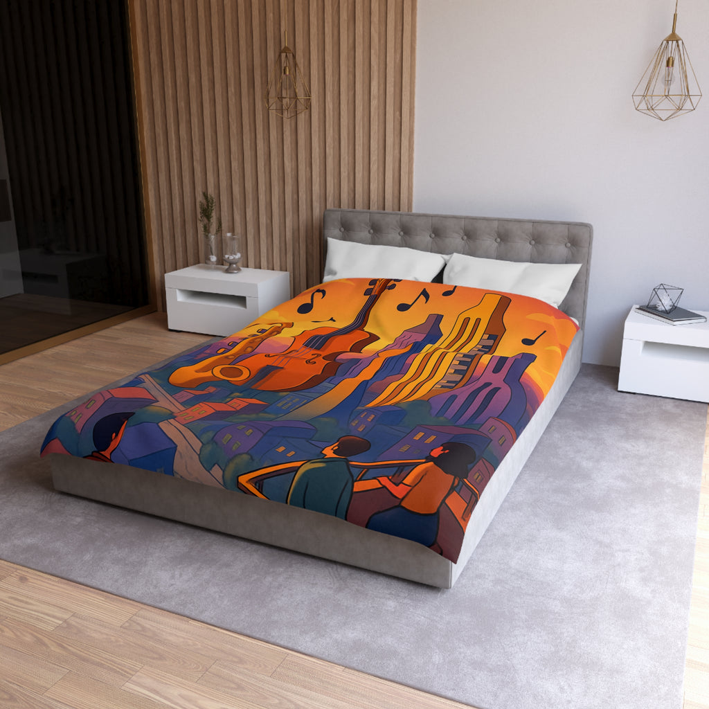 Housse de couette urbaine avec des instruments géants flottant au coucher de soleil vibrant