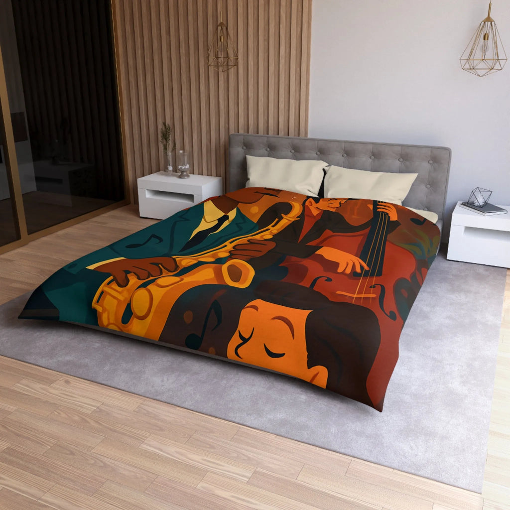 Housse de couette jazz rétro avec musiciens passionnés jouant du saxophone et contrebasse