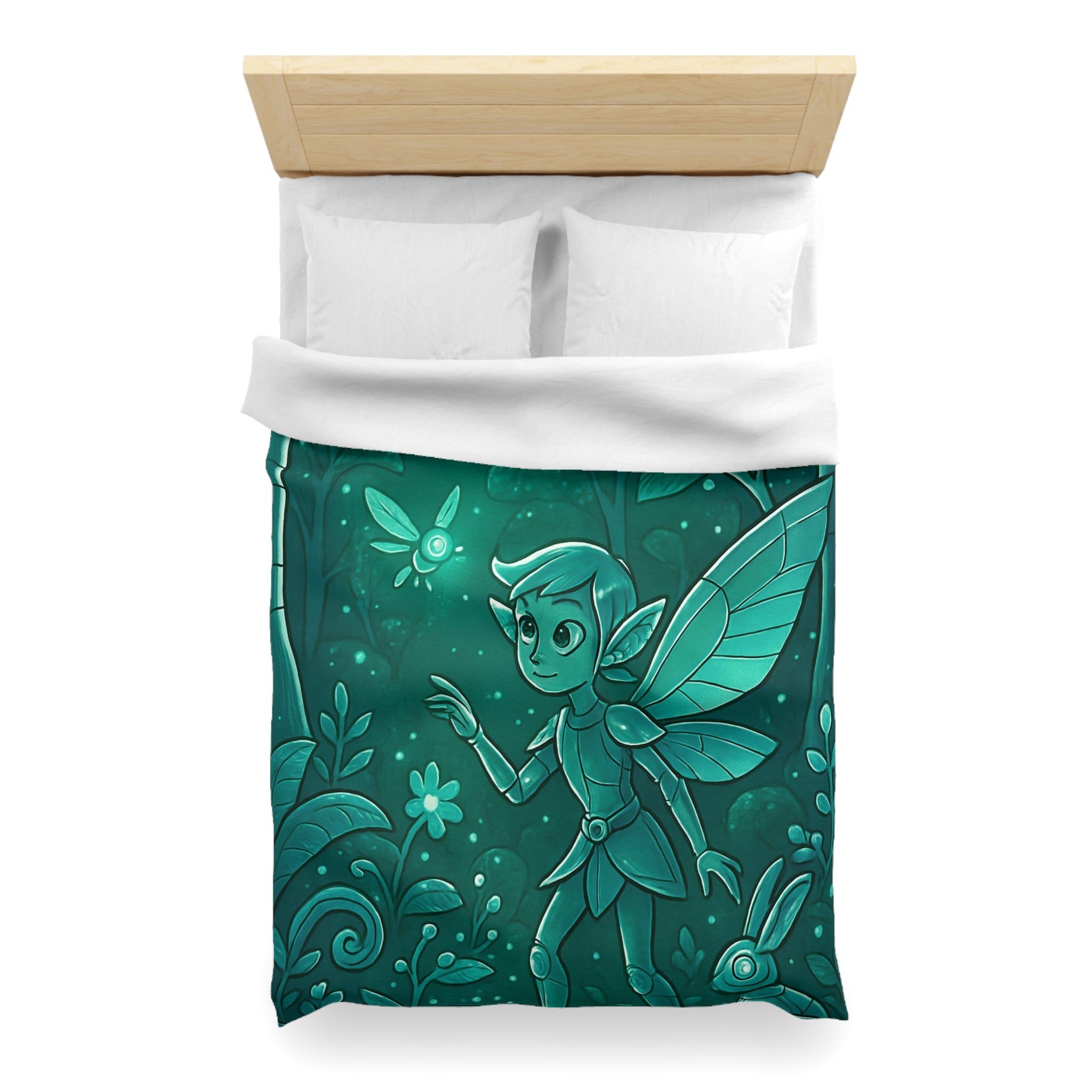 Housse de couette verte magique avec fée, papillon et forêt enchantée, ambiance nocturne