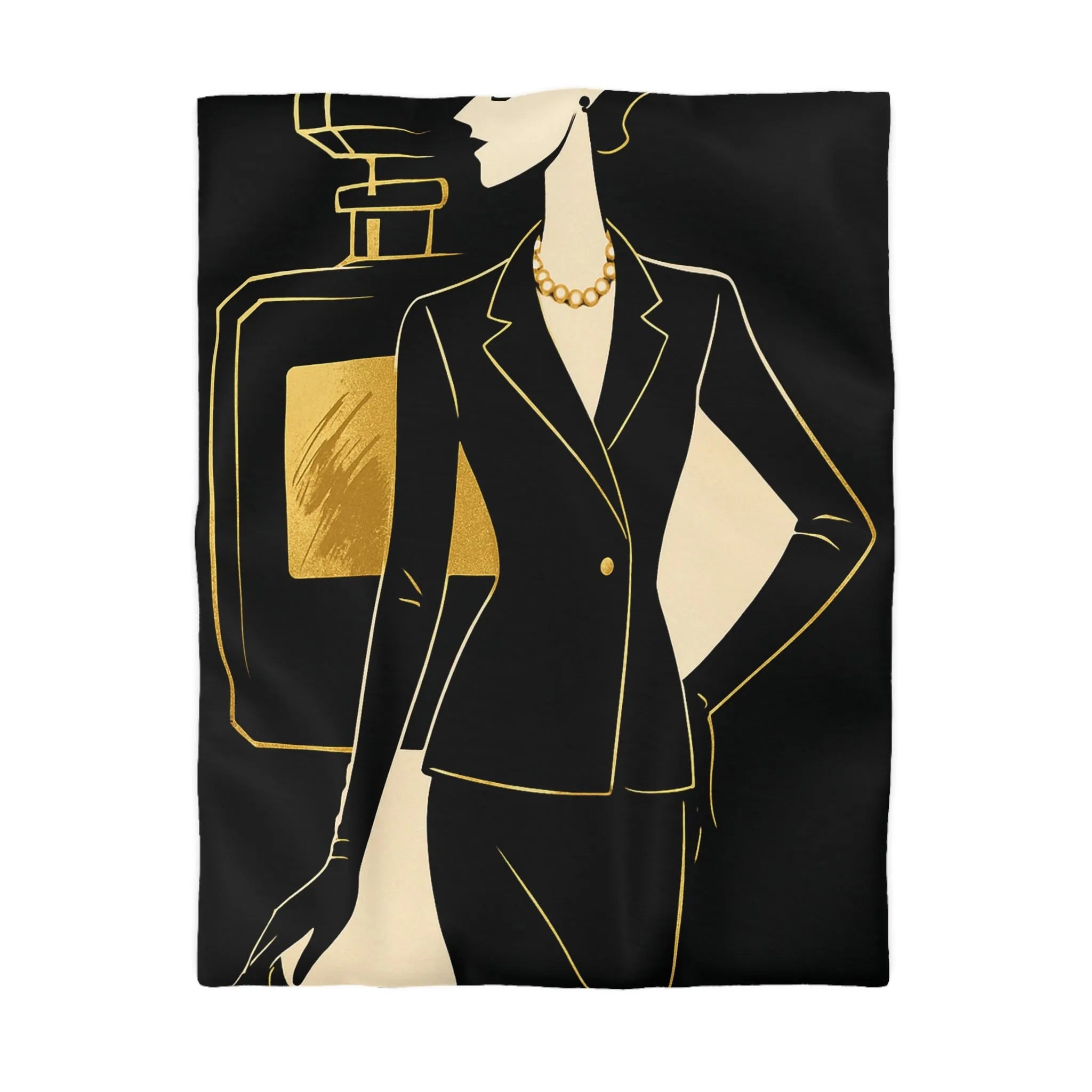 Élégante illustration minimaliste avec parfum et silhouette féminine en noir et or