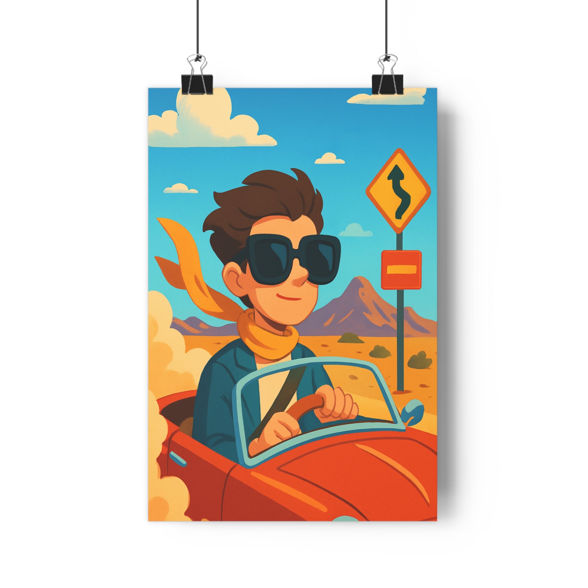 Poster décoratif cartoon vibrant rétro joyeux jaune rouge bleu aventure salon chambre tendance vintage