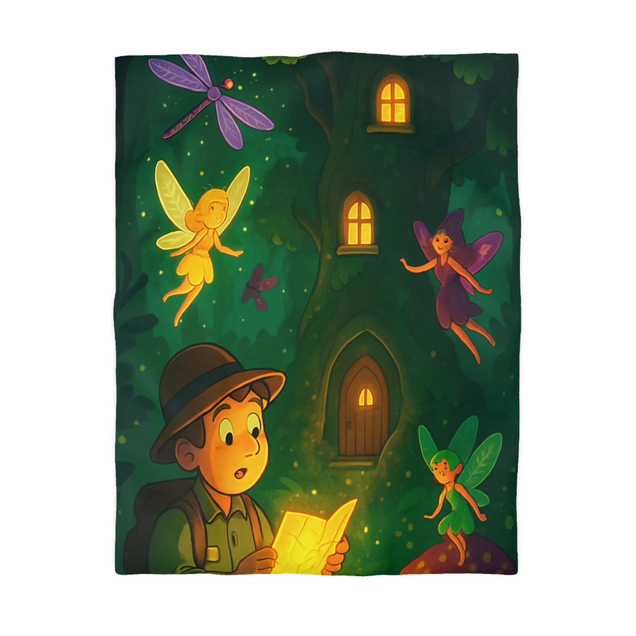 Housse de couette féerique forestière avec garçon aventurier et fées lumineuses