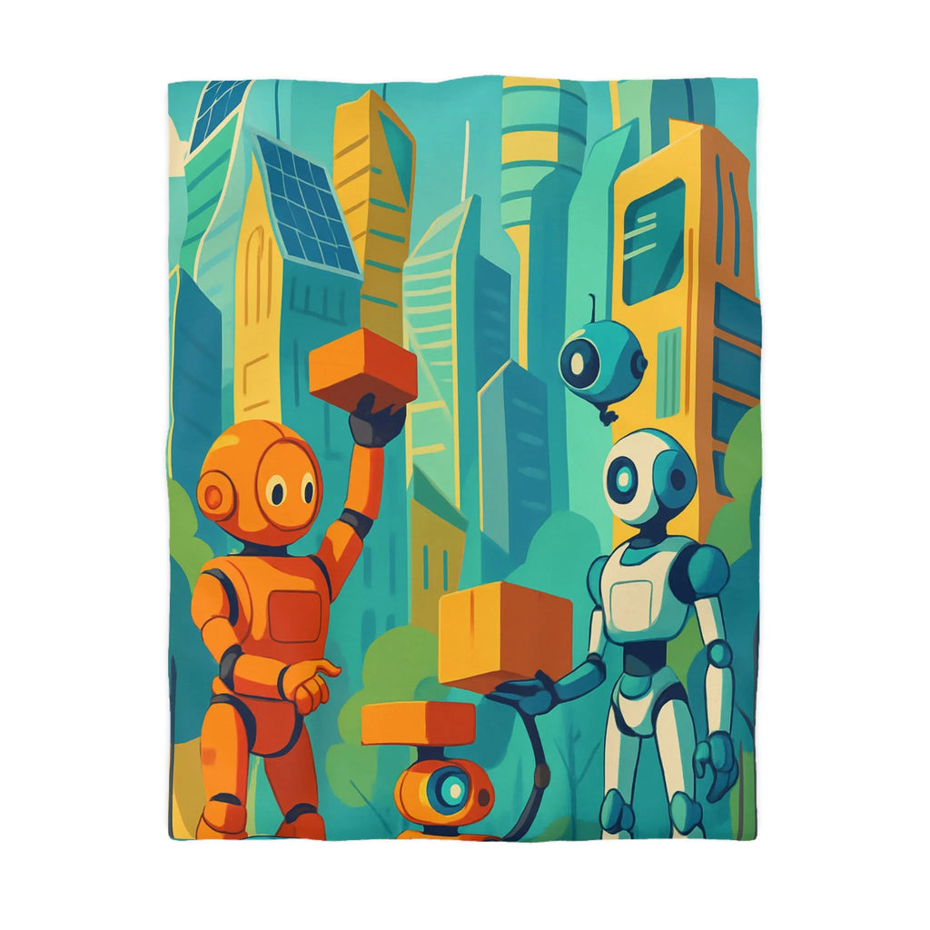Housse de couette futuriste avec robots colorés dans une ville moderne lumineuse