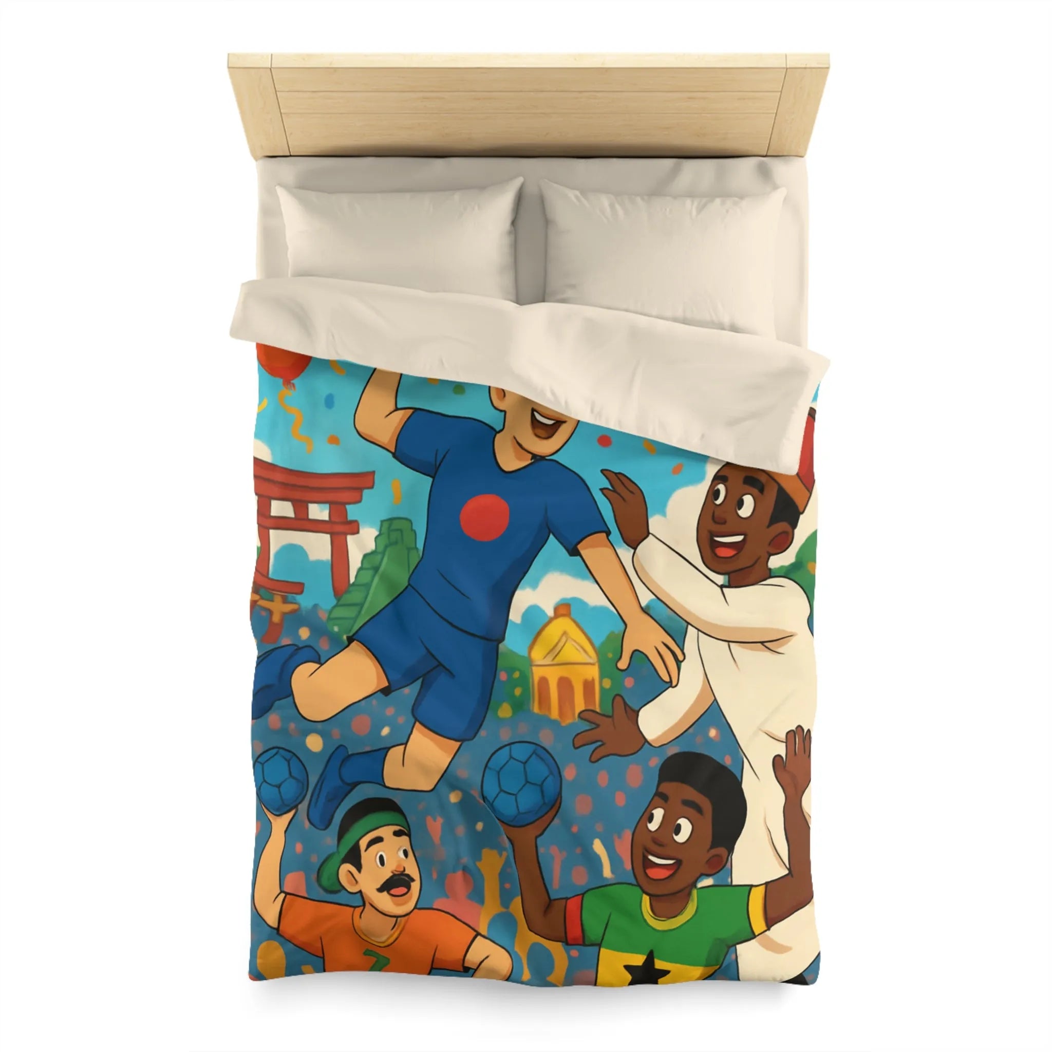 Housse de couette colorée célébrant la diversité multiculturelle avec ballons et drapeaux