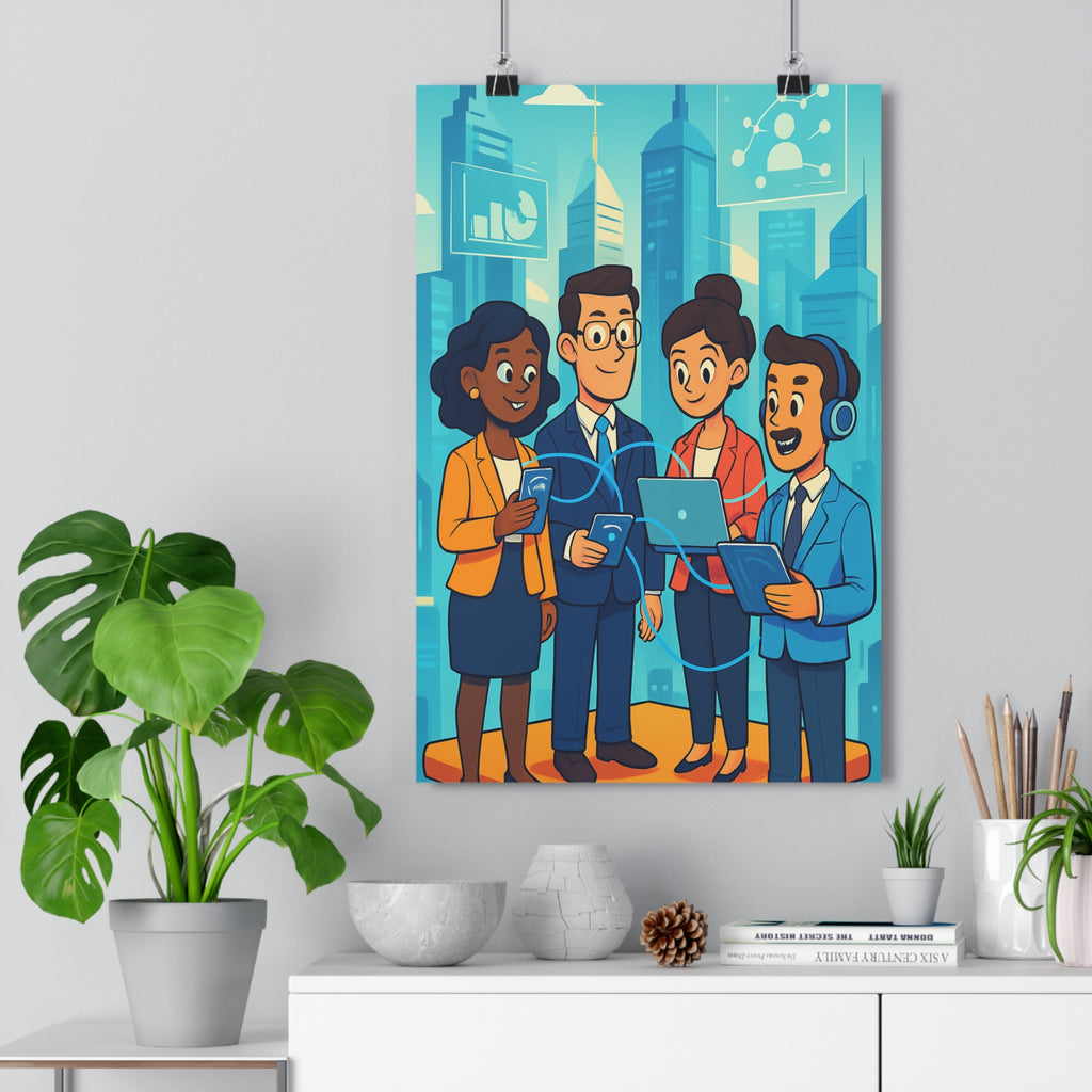 Poster décoratif moderne cartoon bleu orange dynamique bureau futuriste numérique urbain professionnel vibrant élégant