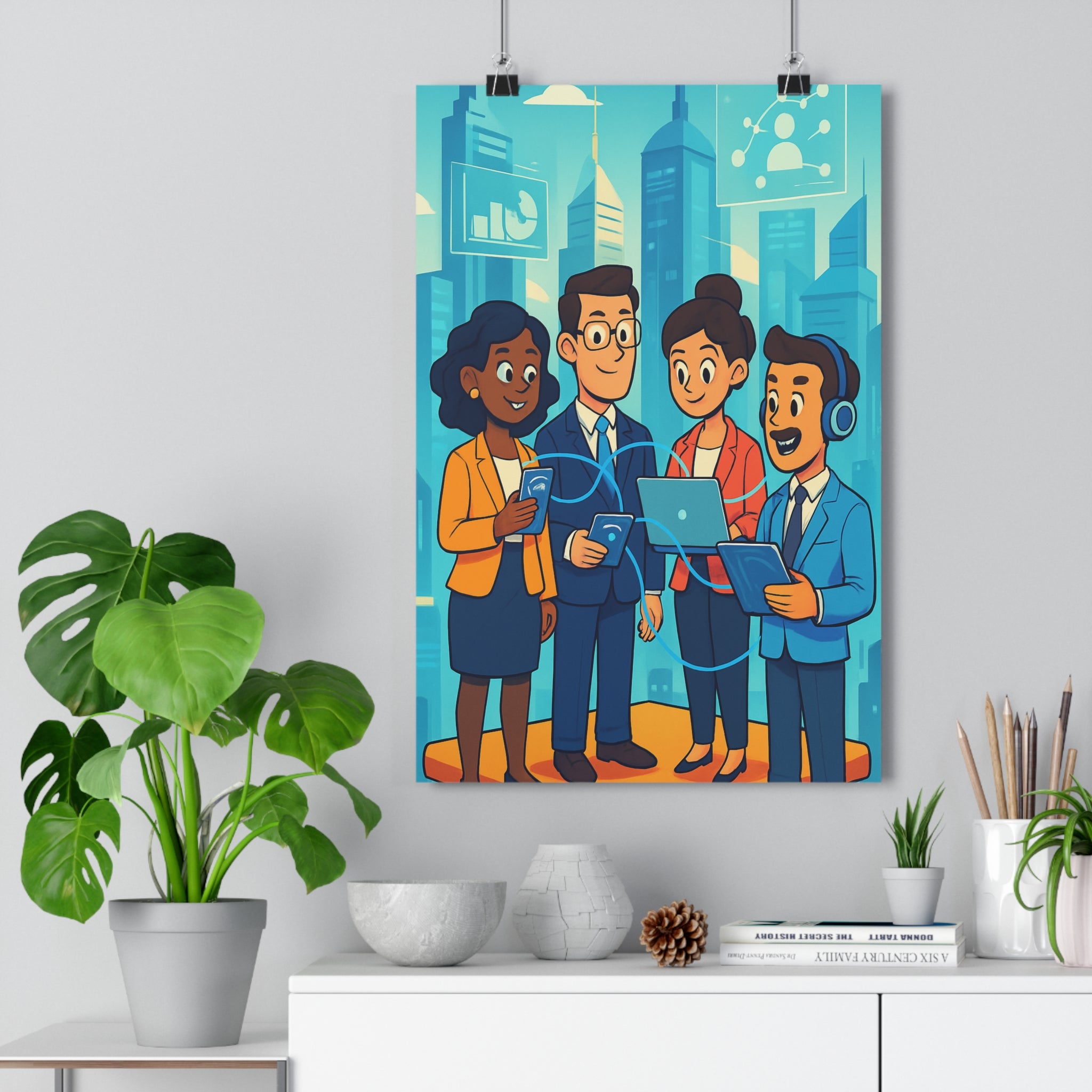 Poster décoratif moderne cartoon bleu orange dynamique bureau futuriste numérique urbain professionnel vibrant élégant