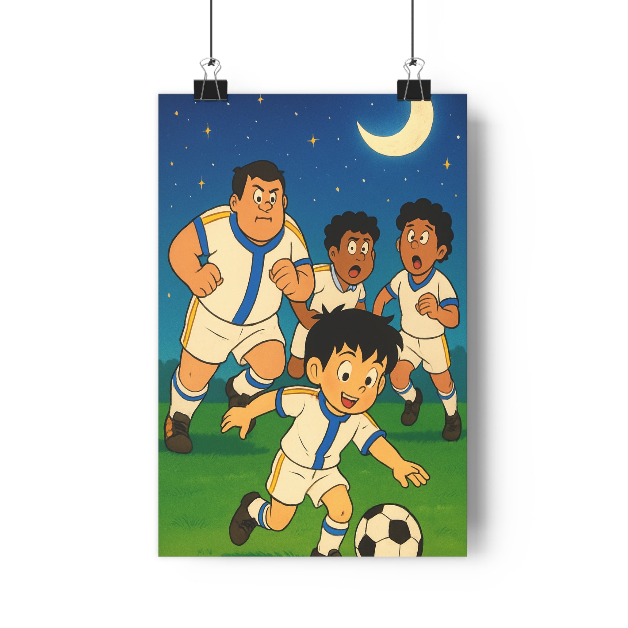 Poster décoratif cartoon football blanc bleu jaune joyeux enfant chambre sport dynamique 30x46 qualité