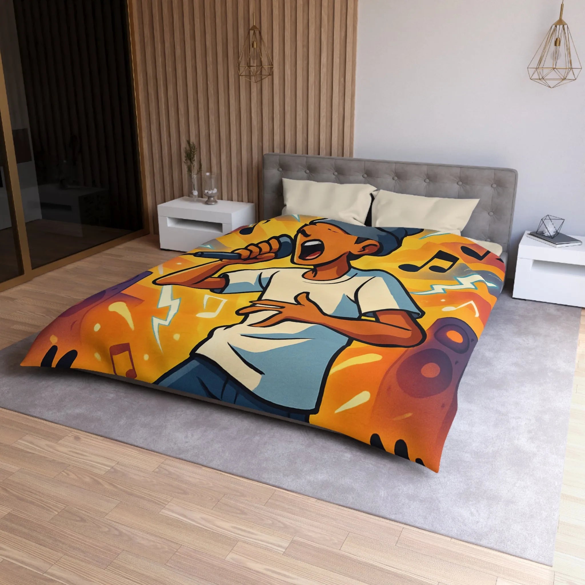 Housse de couette ambiance concert urbain avec chanteur et éclairs musicaux colorés