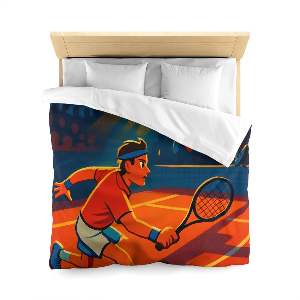 Housse de couette dynamique illustrant un match de tennis intense sous projecteurs éclatants
