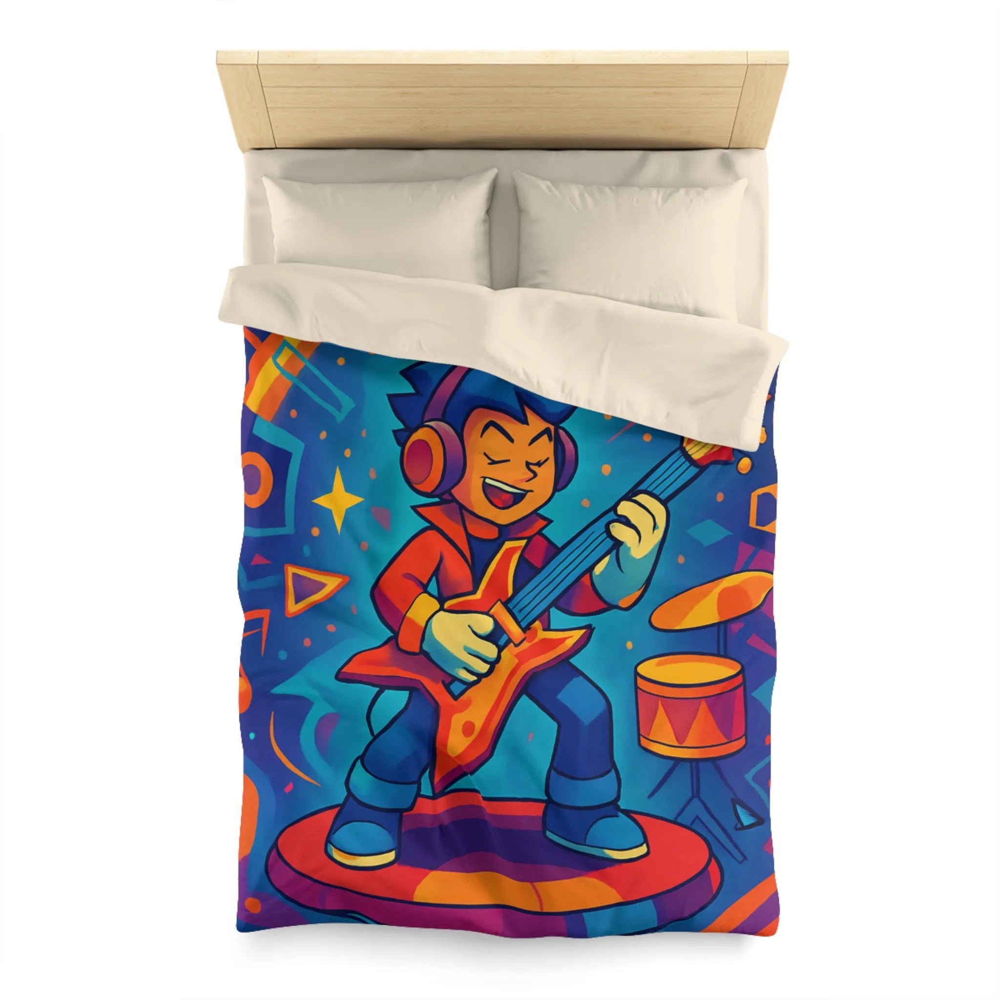 Housse de couette colorée avec guitare et motifs musicaux pour chambre d'enfant joyeuse