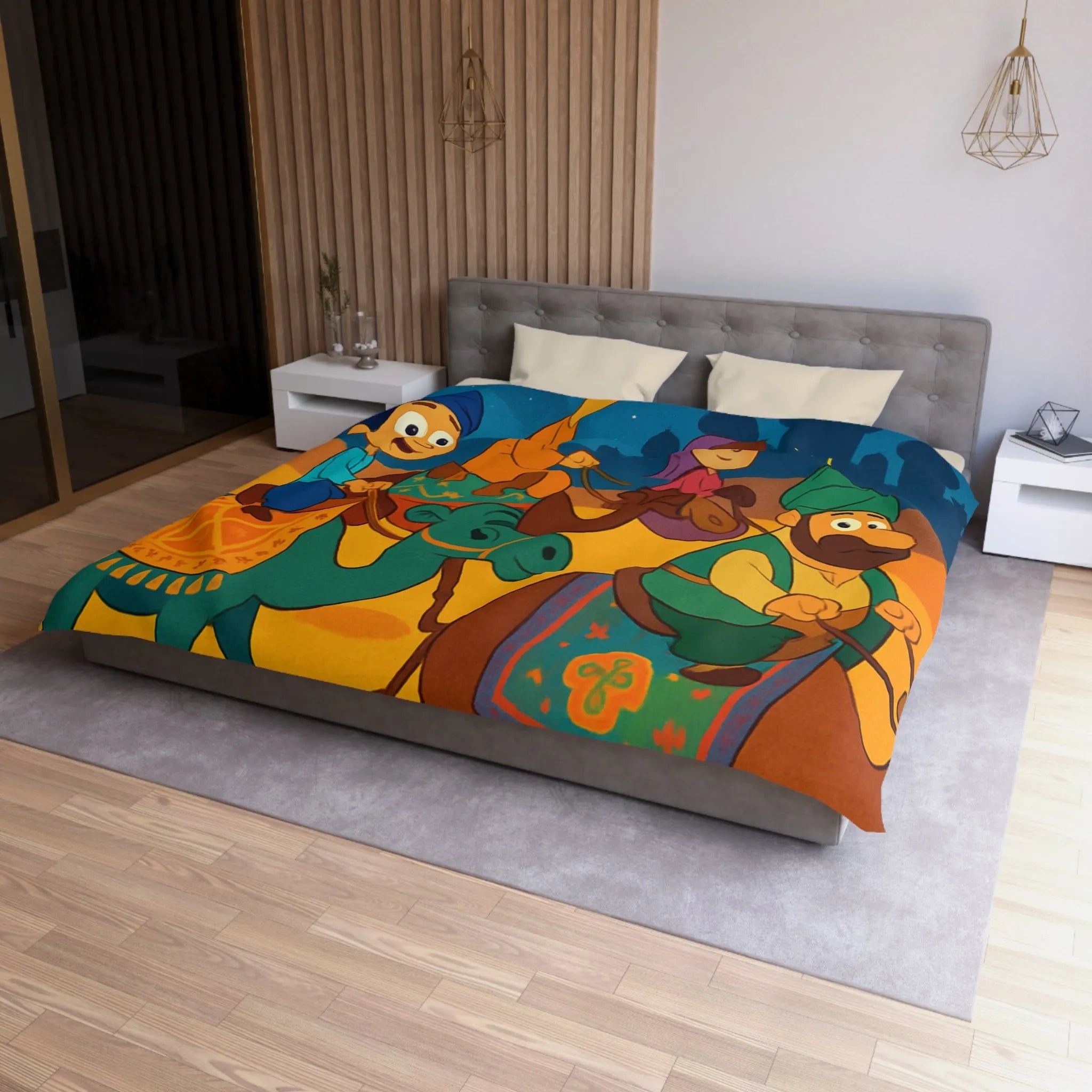 Housse de couette illustrée des enfants et chameaux sous un ciel étoilé magique